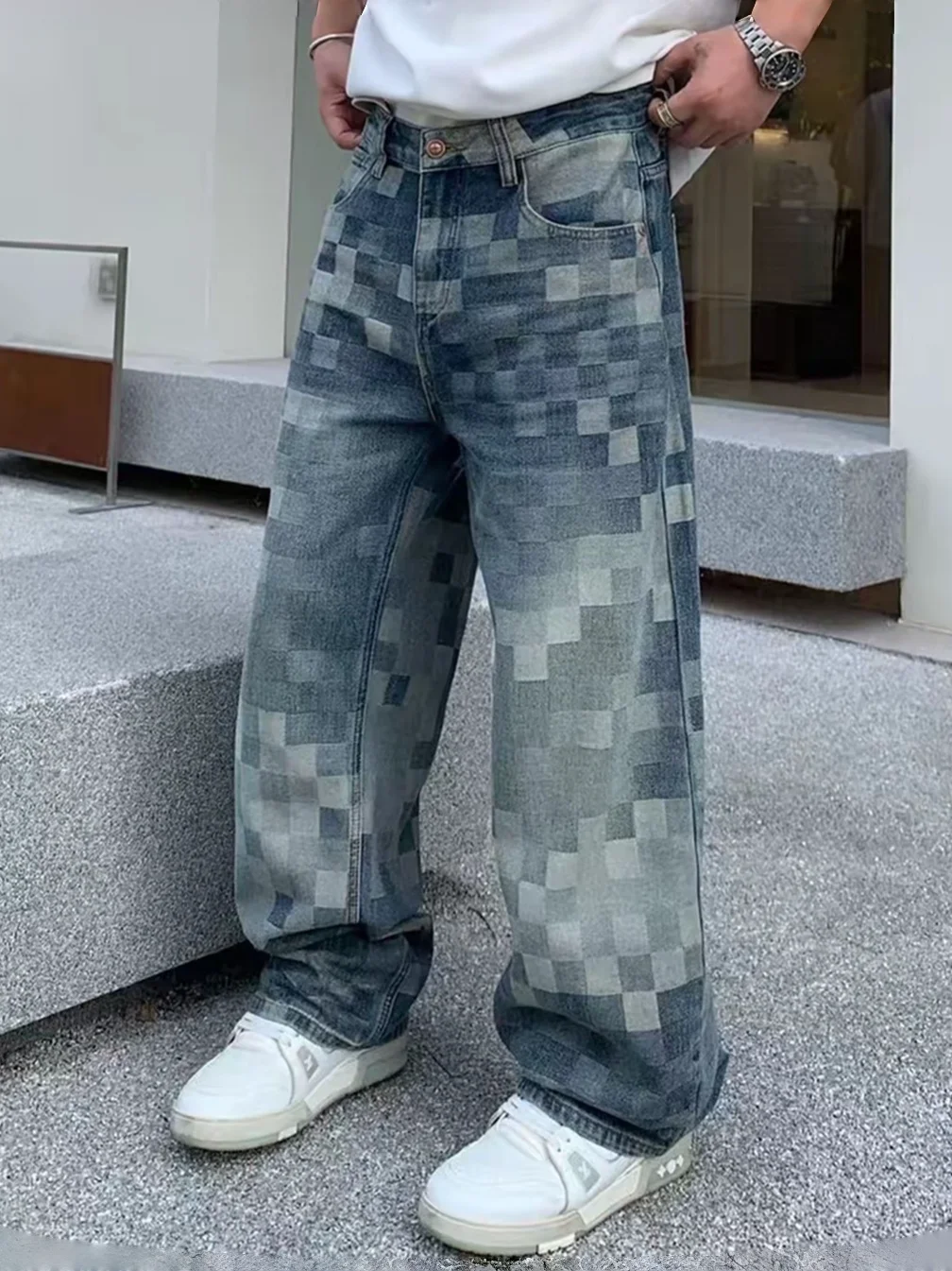 Washed Denim Men's Straight Leg Chessboard Patterned Jeans Spring Autumn Trendy Mosaic Pixel Wide Leg Long Pants