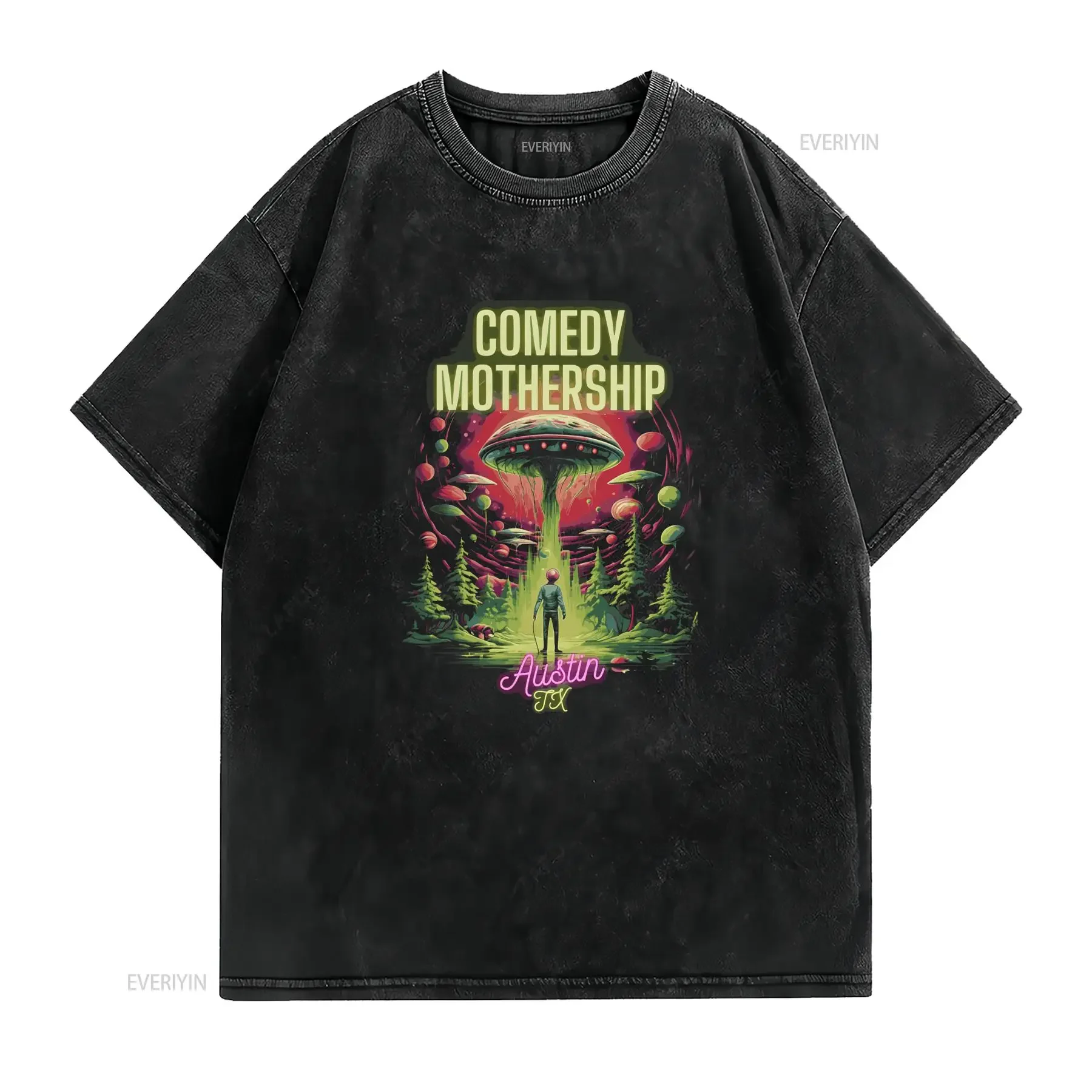 Joe Rogan's Comedy Mothership T Shirt Black Celebrating Austin's Newest Club vintage Washed Top For Everyday Wear streetwear
