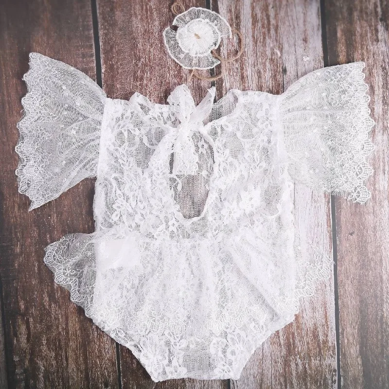 New Newborn Photography Costume Props Female Baby White Lace Lace Triangle Hair Accessories Headband Set Newborn Photography