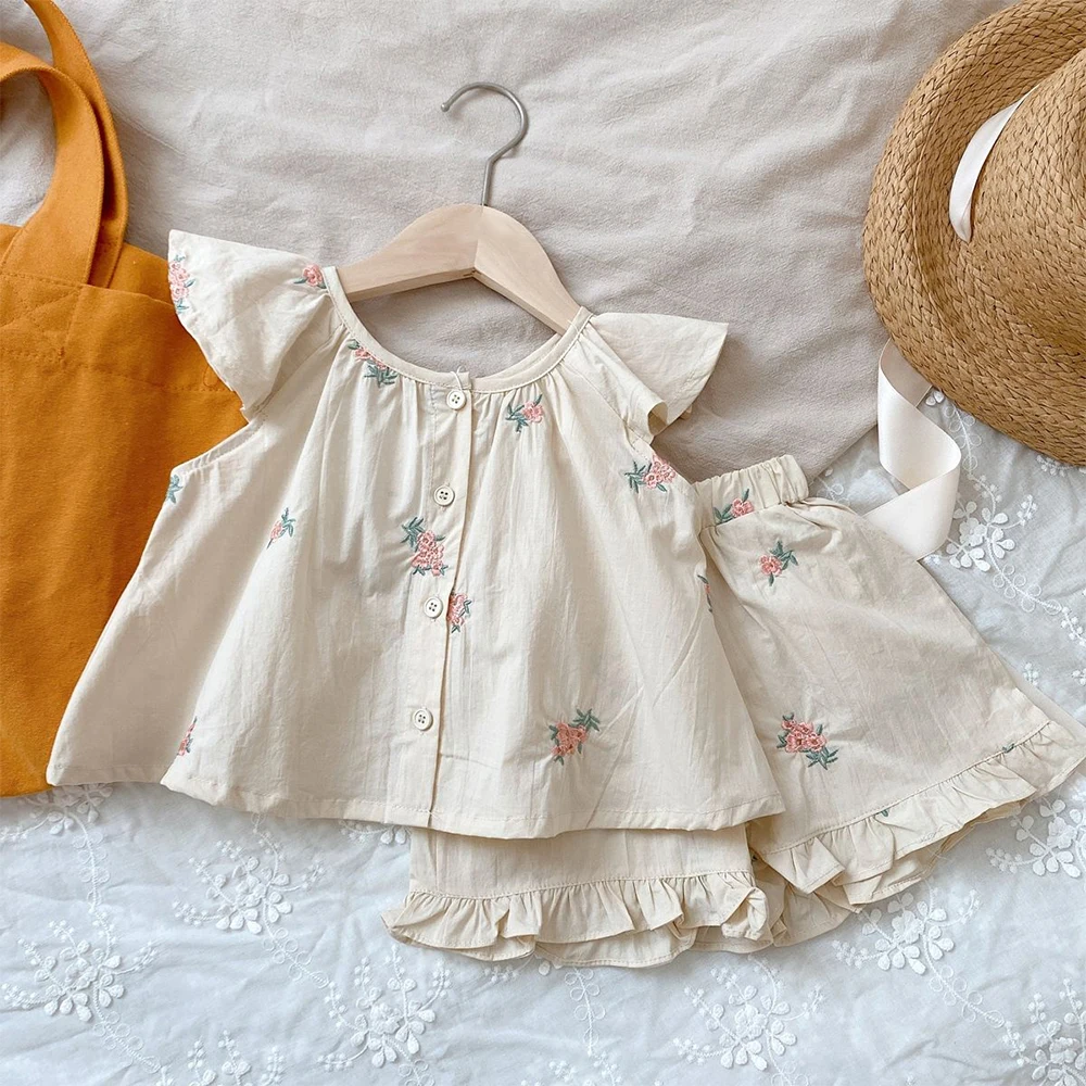 Korean Version Summer Embroidered Flower Sleeveless Girls' Clothing Fashion New Checkered Printed Children's Two-piece Set