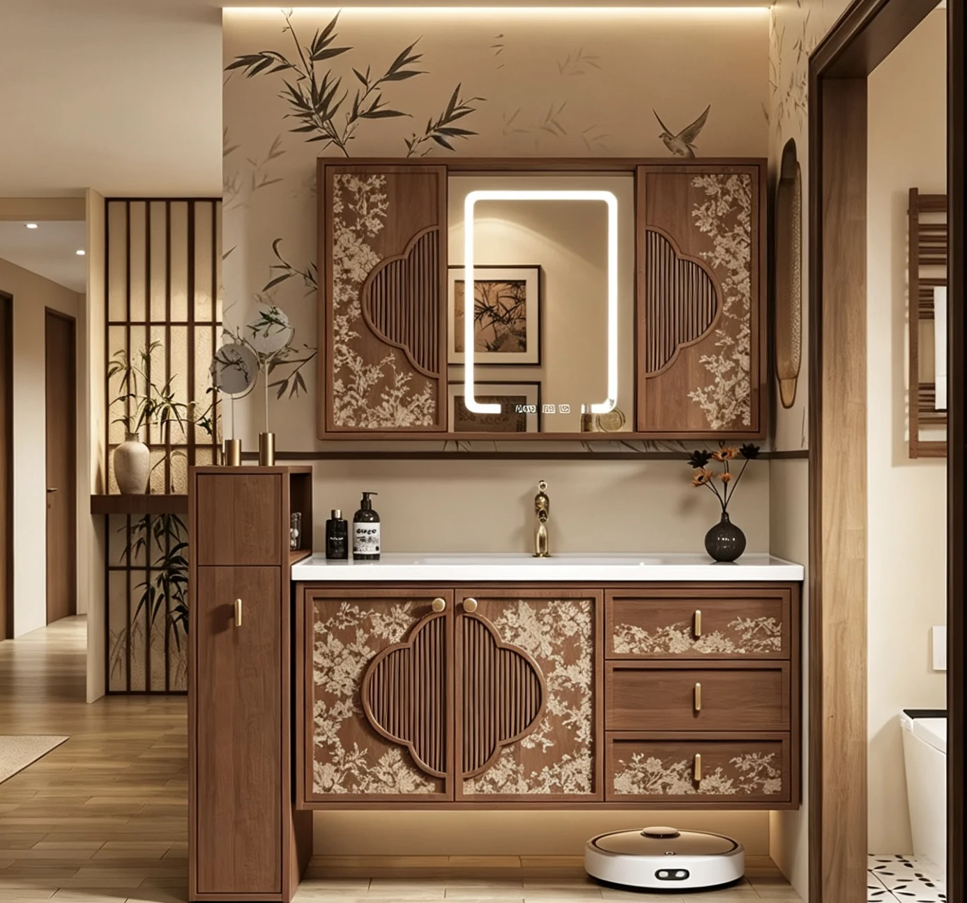 New Chinese Style Solid Wood Bathroom Vanity Cabinet Custom Antique Bathroom Sink Cabinet With Decorative Mirror Drawer Storage