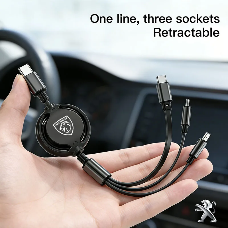 Cable USB retráctil 3 en 1, cargador de carga rápida múltiple, Cable Micro USB tipo C para Peugeot 206, 307, 308, 207, 3008, 208, 407, 508