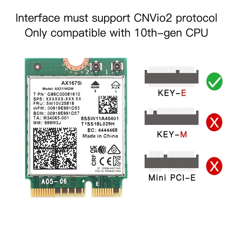 مجموعة أجزاء حزام ثلاثي ، بطاقة لاسلكية ، بطاقة واي فاي ax16i ، 2Xantenna ، 6E M.2 مفتاح E ، Cnvio 2 ، G ، 5G ، 6Ghz ، AX211 ، b75t ، دعم الفوز 10