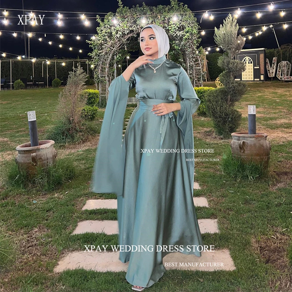 XPAY Modest Dusty Silk Muslin Dubai Arabic Women Evening Dresses Mermaid Long Sleeves High neck Ankle Formal Party Prom Gowns