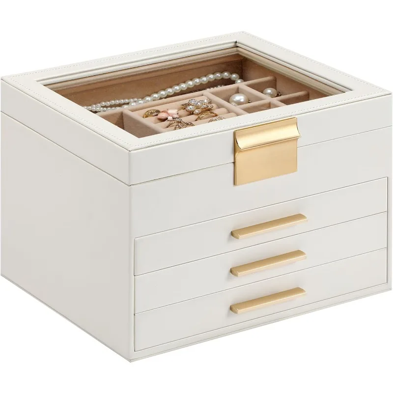 

Jewelry Box Organizer for Women,4 Layers Jewelry Storage Display Box with Glass Lid,Gift for Christmas,3 Drawers