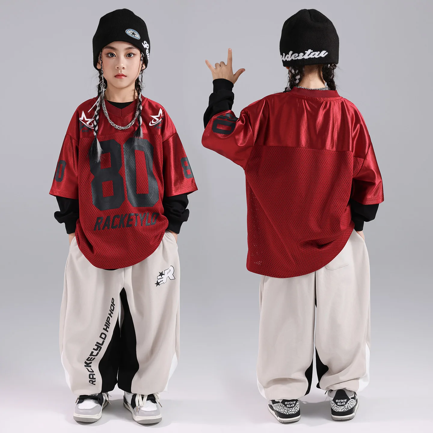 

2025 Children Ballroom Hip Hop Dance Costumes For Girls Red Shirts Loose Pants Streetwear Jazz Performance Rave Clothes DQS21305