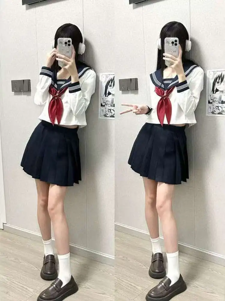 

Original Design JK orm Sailor Suit Set with Fuia Collar Long Sve ort Sve irt Basic Tee Pieces Set or...