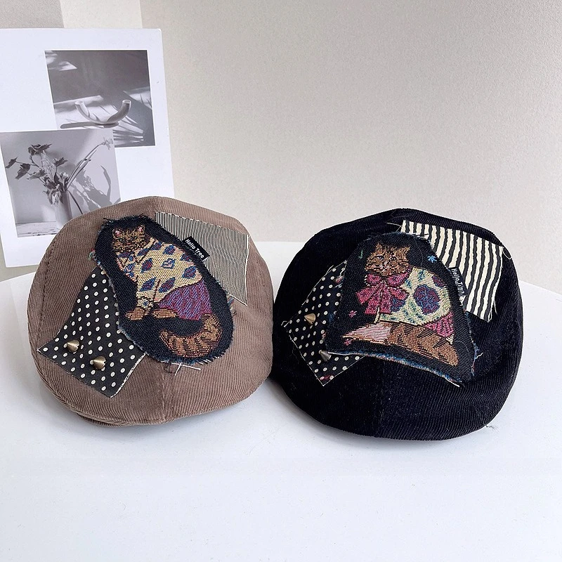 

Стильные лоскутные винтажные шапки с кошачьим принтом для женщин, новые весенние модные универсальные повседневные кепки с утконосом, элегантные береты