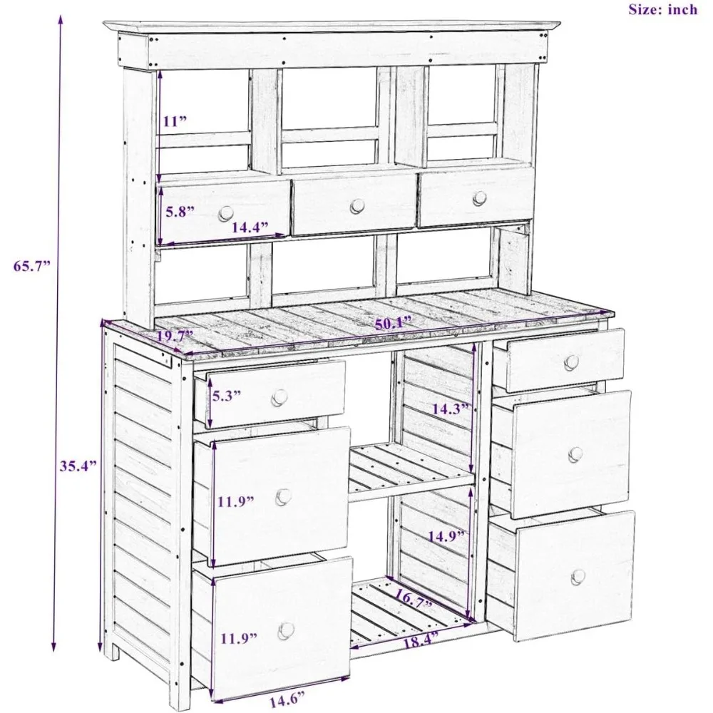 potting bench table - wooden potting bench with storage,with 5 smaller and 4 bigger drawers,for Mudroom, Backyard,garden,outdoor