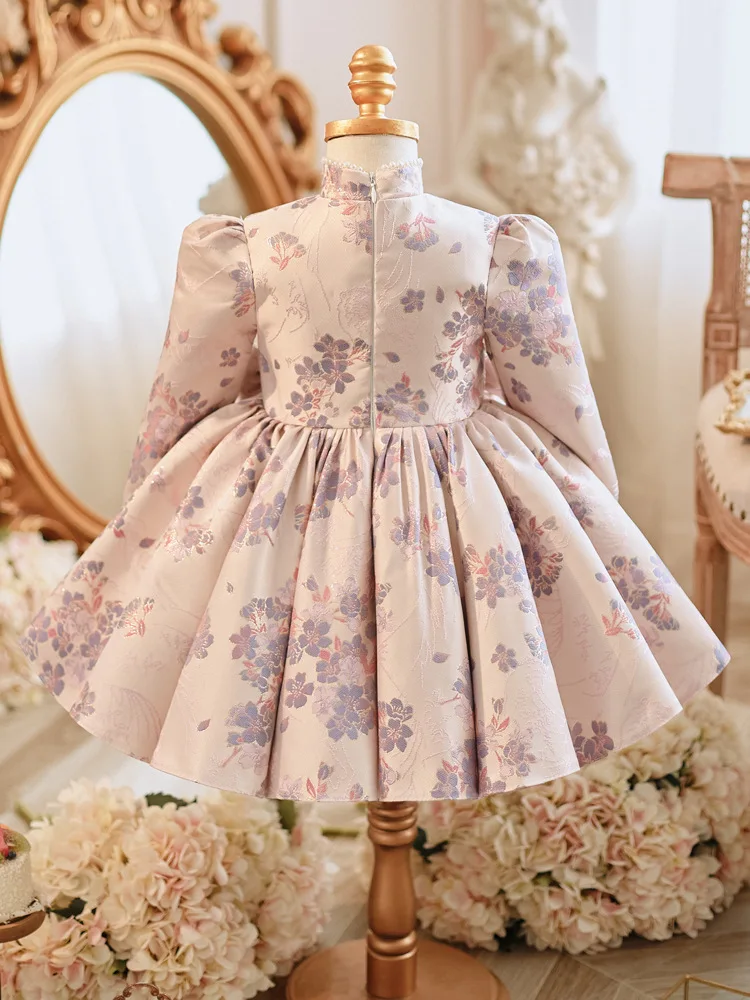 Baby Girls Long Sleeve Evening Princess Ball Gown Kids Cute Bow Beading Design Birthday Party Wedding Boutique Dresses y1127