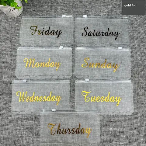 7pcs/lot A6 Binder Filing Bags Weekly Planner Set 7pcs Gold Foil Transparent Zipper Bags Loose Leaf Journal Organizer Budget Bag
