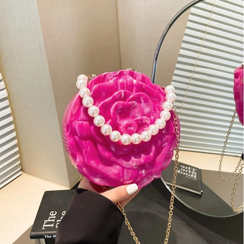 

Роскошные акриловые сумки через плечо для женщин, новинка 2023 года, модная круглая сумка с цветком, кошелек с жемчужной цепочкой, вечерняя женская сумка на плечо