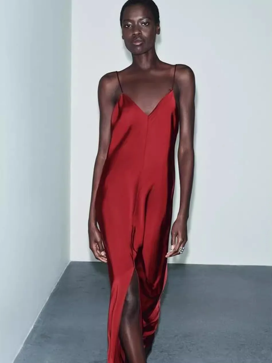 롱 실크 새틴 드레스 V넥 얇은 스트랩 슬릿 동남아시아 스타일 여성 슬림핏 데일리웨어 봄 여름 가을용