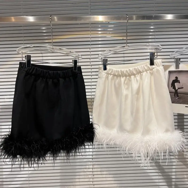 French Sexy Socialite Feather Splicing High Waist Slim Hip-Wrapped Sweet Simple Solid Color Versatile Mini Skirt Women Autumn