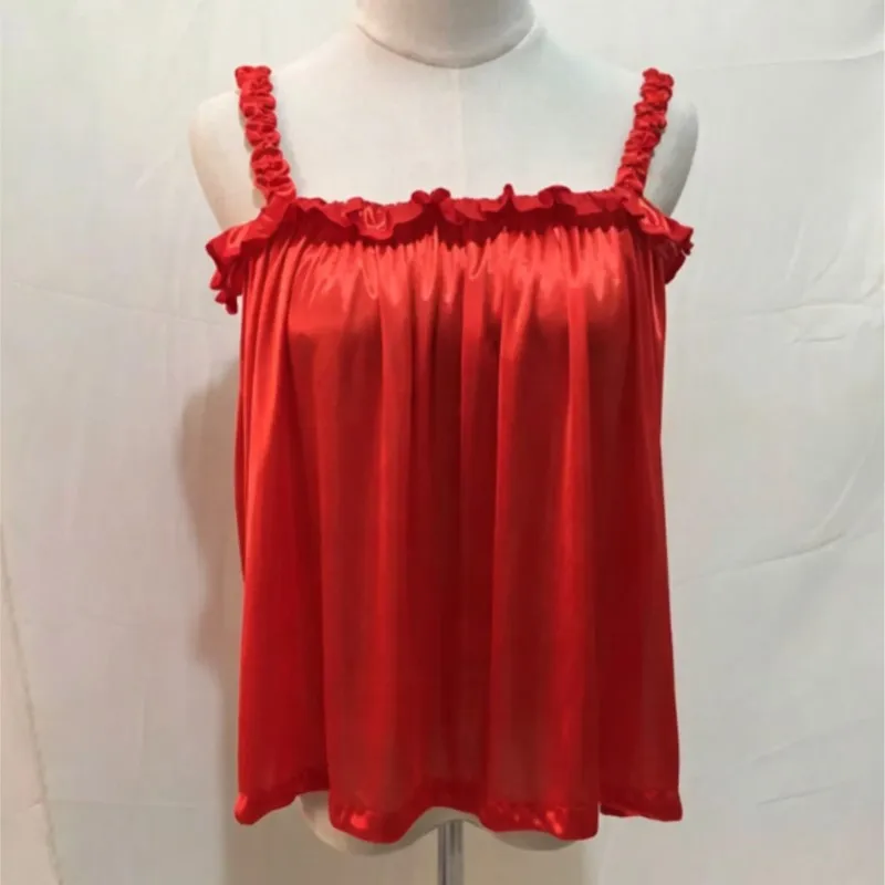 Summer Soft Silky Glossy Ruffle Spaghetti Strap Tank Top Shiny Party Club Vest Outerwears Women Sleeping Camisole Top