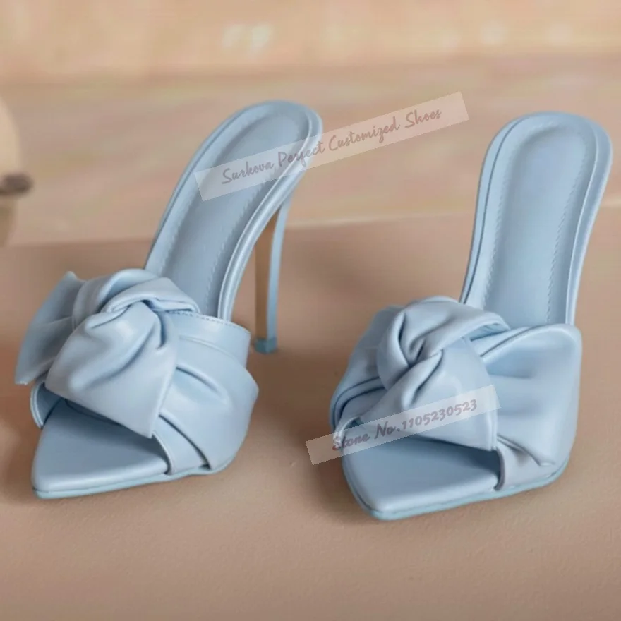 

Sky Blue Pink Twisted Butterfly-Knot High Heel Mules Women Matte Leather Pointed Toe Bowtie Outside Modern Slippers Thin Heels