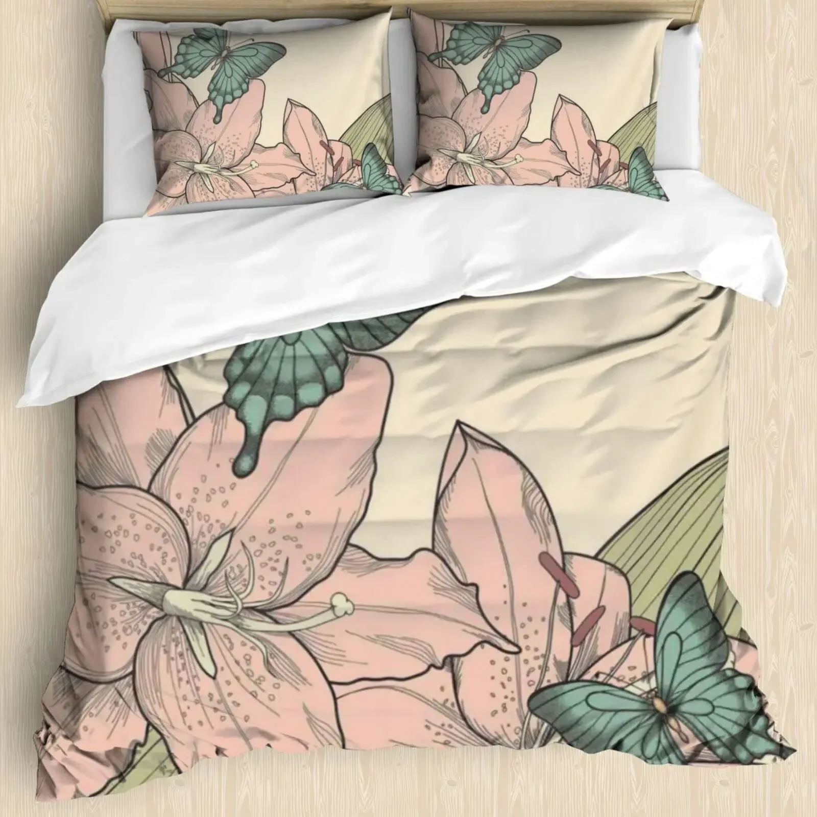 Flourishing Calla Lilies,Flower Duvet Cover Set, Decor 3 Piece Bedding Set with 2 Pillow Shams, Queen Size, Green White Yellow