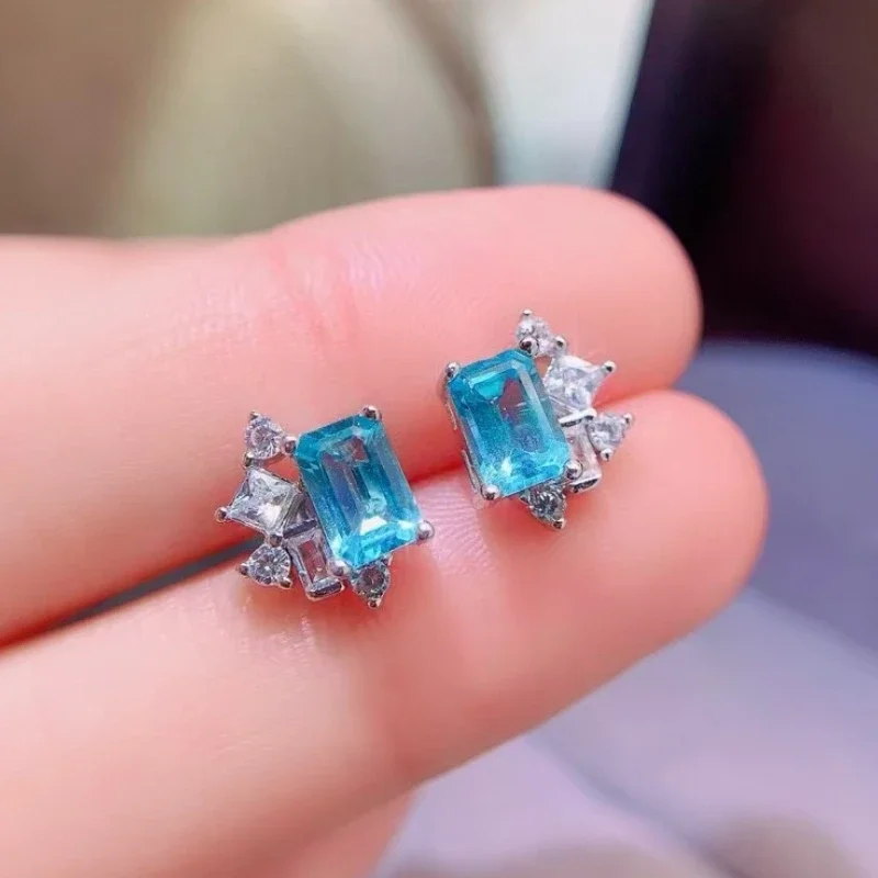 Dazzling Silver Apatite Stud Earrings 4*6mm Natural Apatite Jewelry Allergy Free 925 Silver Gemstone Earrings with Gold Plating