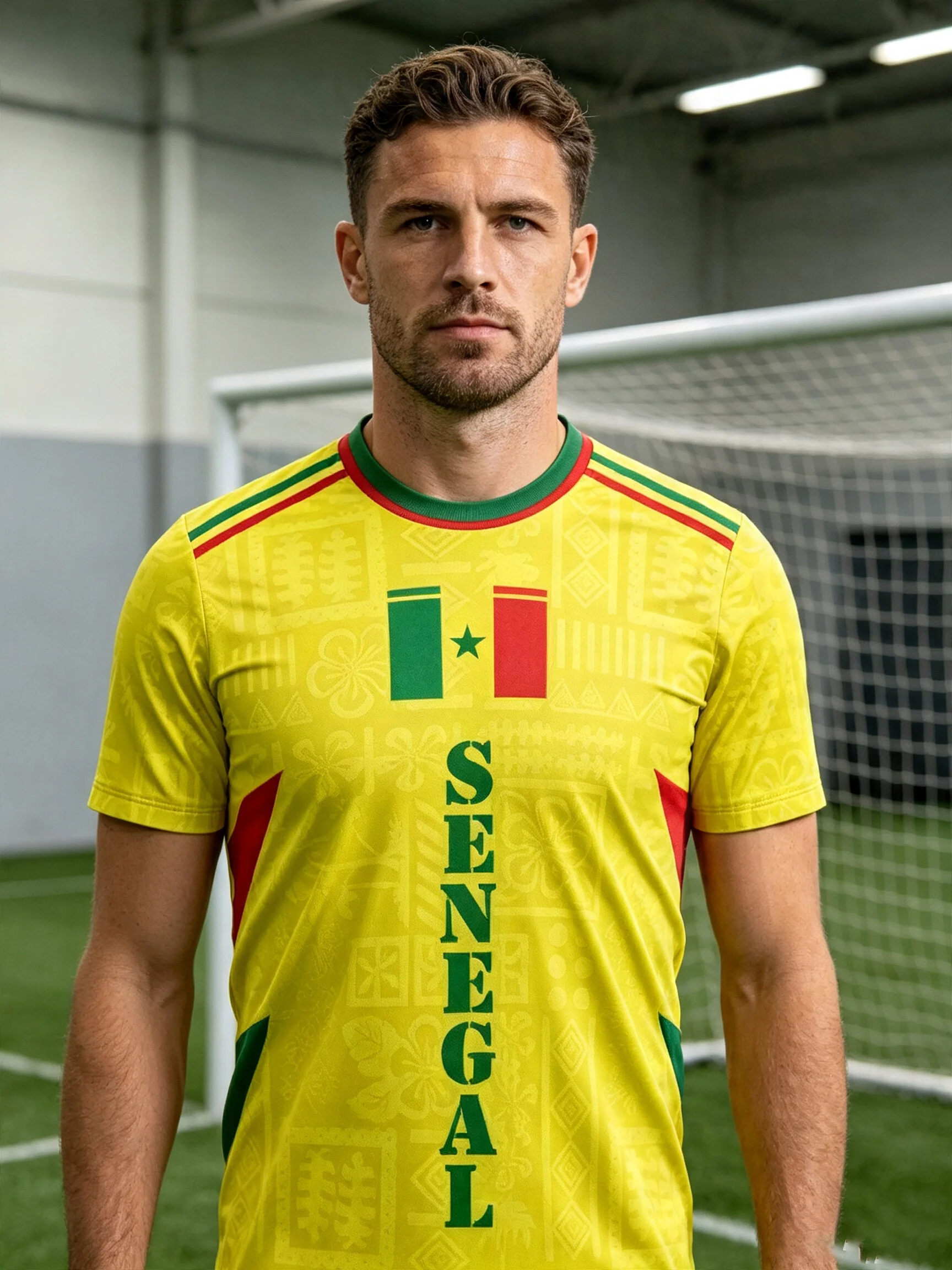 Senegal soccer jersey,yellow ethnic subtle print,flag logo & SENEGAL letter,quick‑dry & breathable,multiple collar styles