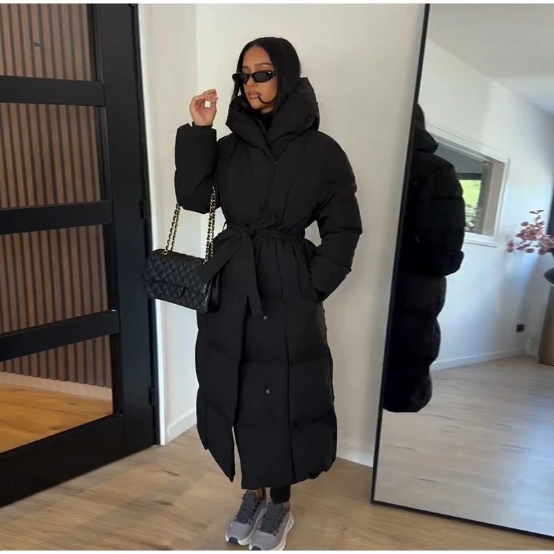 Elegant Long Belted Waist Tie Hooded Puffer Coat Quilted Thick Maxi 2026 Winter Daily Travel Outdoor Outerwear Casual Overcoat