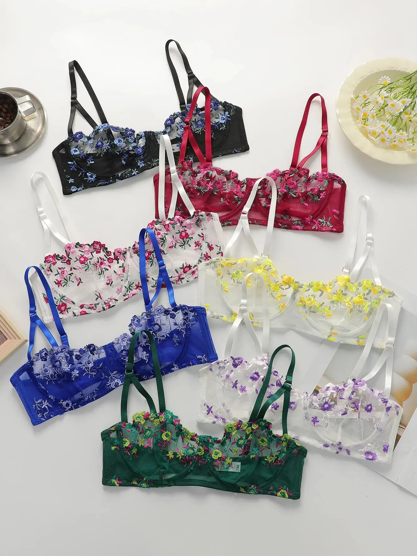 Beautiful flower embroidered bra, transparent sexy underwear with adjustable shoulder straps MR2956