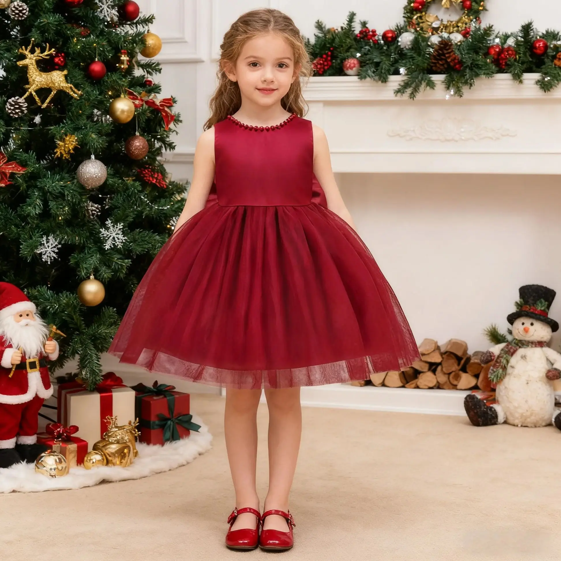 ชุดเดรสเด็กผู้หญิงสำหรับงานแต่งงาน งานปาร์ตี้วันเกิด งานคริสต์มาส งานเลี้ยงตอนเย็น ผ้าซาติน คอวี ผูกโบว์ใหญ่ ผ้าทูลล์