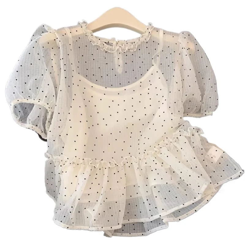 

Gentle Wind Sweet Fungus Edge Polka Dot Short-sleeved Shirt Women's 2026 Summer New Versatile and Thin Suspender Two-piece Set
