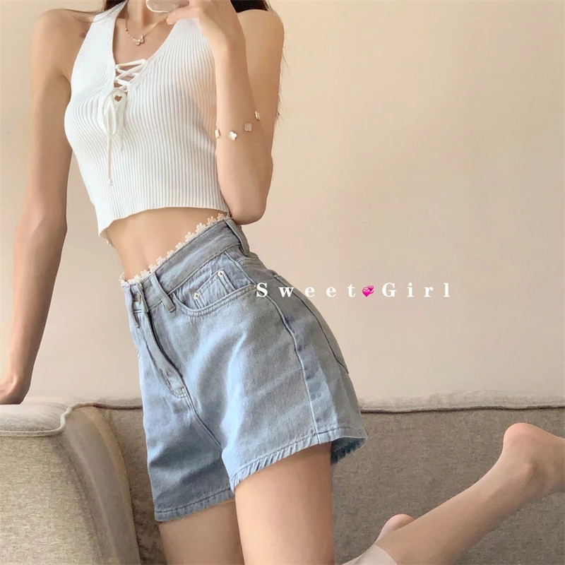 Women's Lace Design A-line Denim Shorts Summer New Sweet Girl High Waisted Sexy Hot Pant Female Wide-leg Mini Trousers