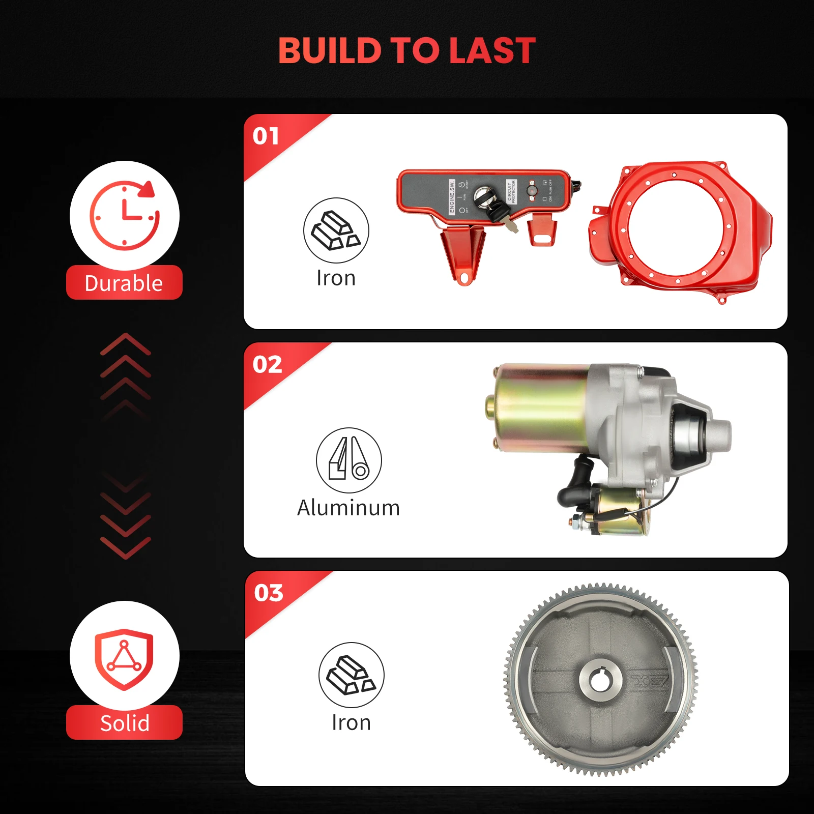 Flywheel Starter Motor Kit Aluminum Iron Copper 12V Silver Red Black Direct Replacement 17cm Flywheel Diameter