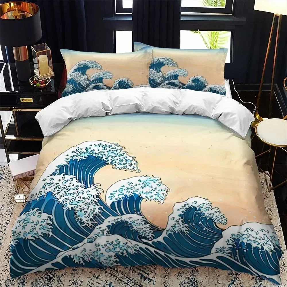Japanese-Style Duvet Cover Set King Queen Full Size Ukiyo-e Theme Wave Pattern Polyester Bedding Set Fuji Mountain Exotic Style