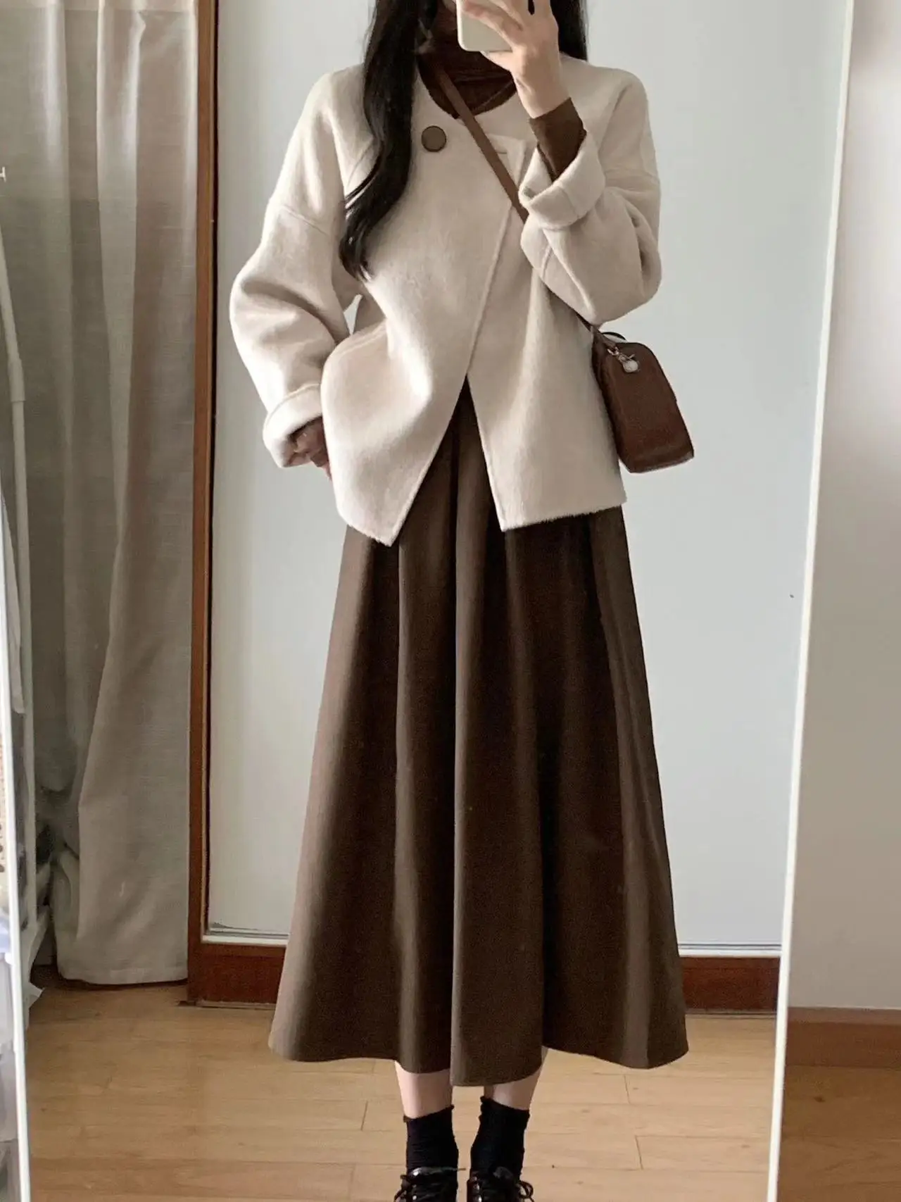 2023 Autumn Winter New Korean Drama Look Elegant Classic-inspired Wool Coat and Mini Skirt Two-piece Set for Women Female Lady