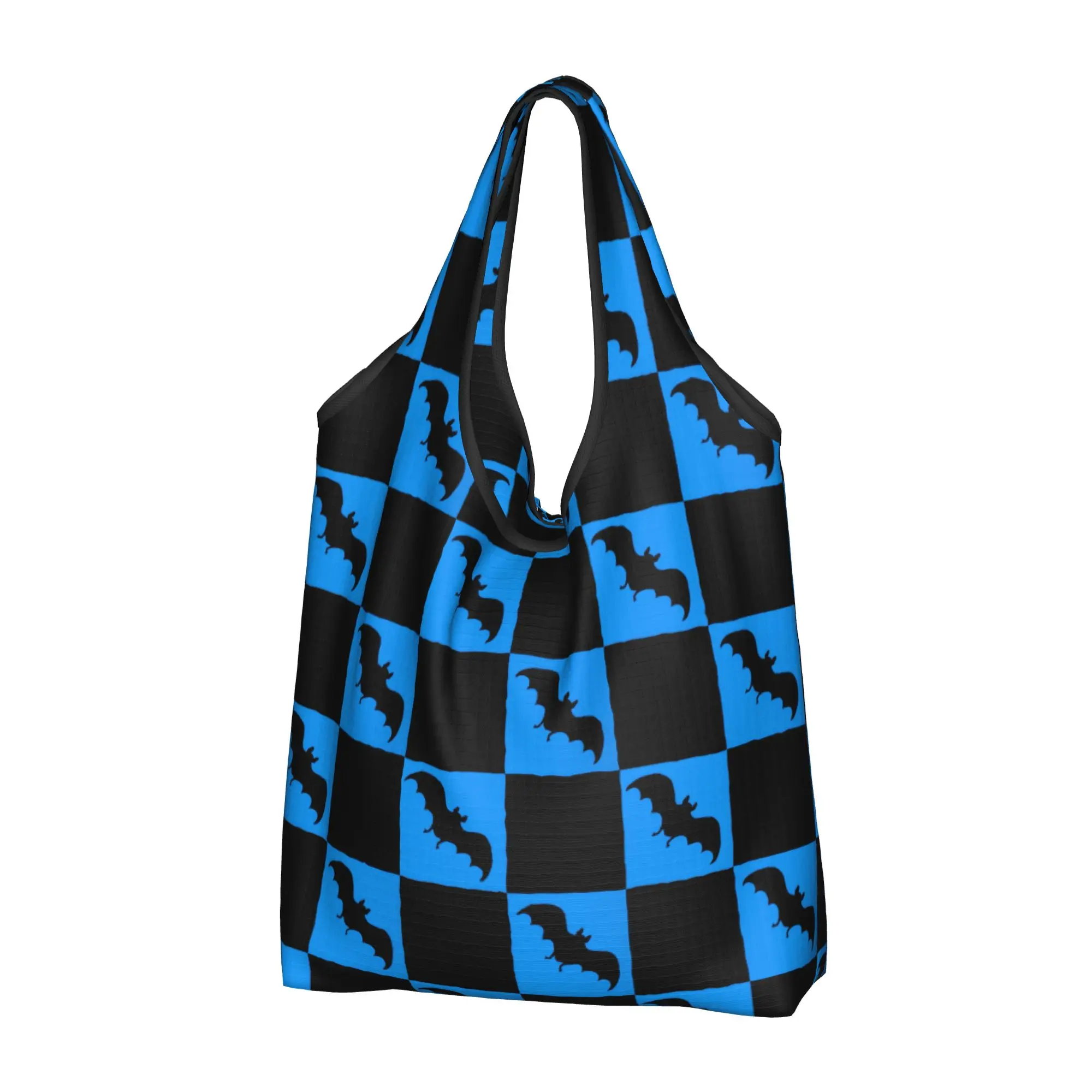 Fashion Bats Checkerboard Black And Bright Blue Shopping Tote Bag Portable  Cute Animal  Grocery Shoulder Shopper Bag