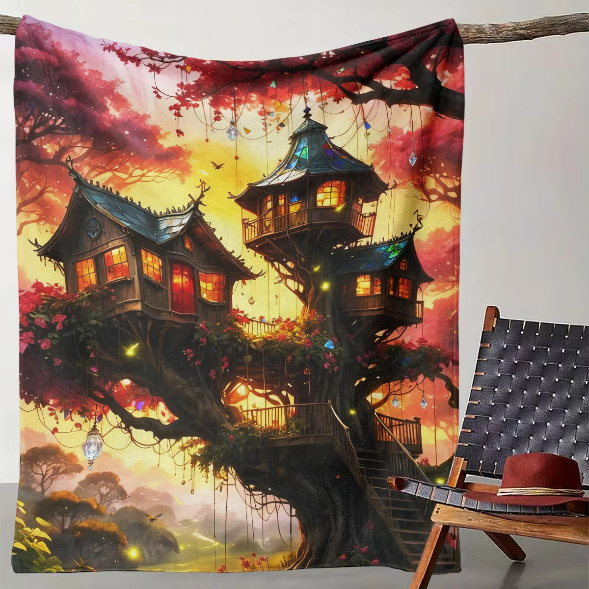

1 Piece of Crimson Tree House Dream Secret Land Blanket Suitable for Camping, Living Room, Office, Chairs, and Beds