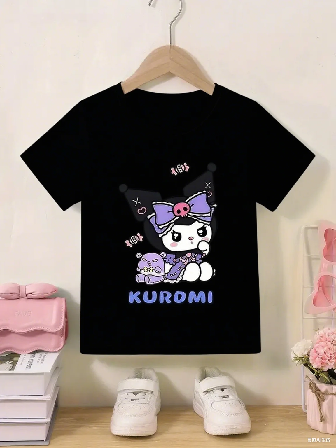 

Sanrio Kuromi Graphic Cotton T Shirt Cute Cartoon Character with Purple Accents Brand Streetwear Print New Arrival Tee S-4XL