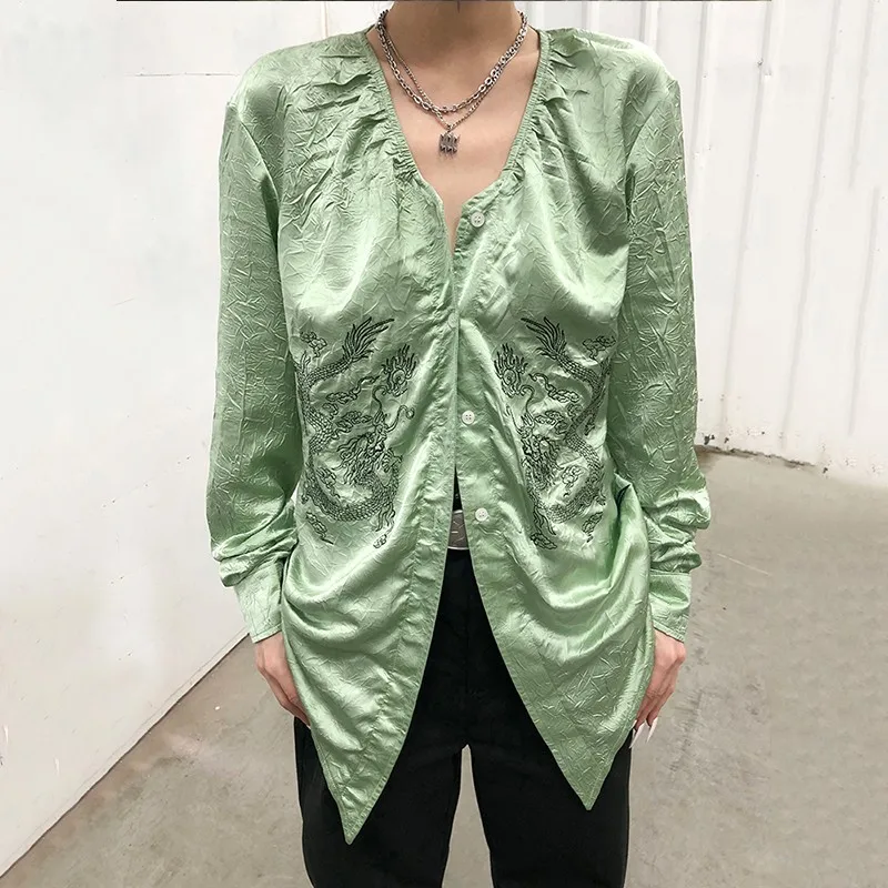 Karrcat Yamamoto Style Irregular Shirt Chinese Dragon Embroidery Silk Blouse Japanese Vintage V-neck Shirt Chic Designer Clothes