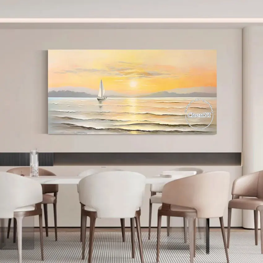 Seascape Wall Panel Set for Living Room Decor, Abstract Sunrise Oil Painting, Canvas Art, Luxury Vintage Artwork, Big Size