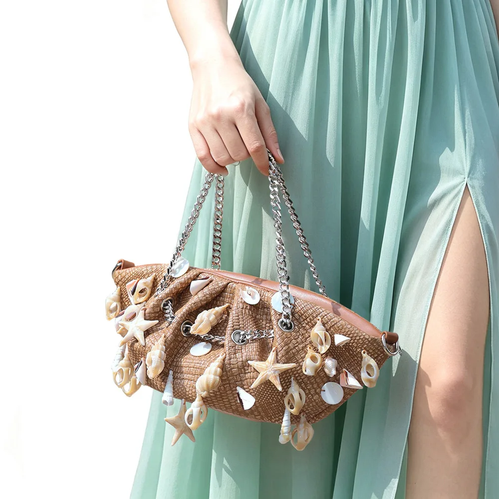 Bohemian Conch Shell Shoulder Bag Half Moon Starfish Women Handbags Vacation Travel Beach Bags for Women Ruched Tote Purses Chic