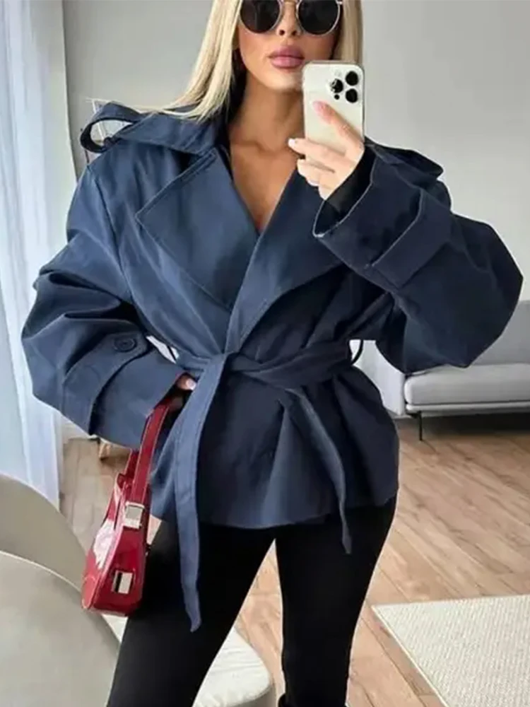 

Mueyaruho 2026 Spring Autumn Women Lace Up Cropped Trench Coat Solid Long Sleeve Oversized Outwear Jacket For Women