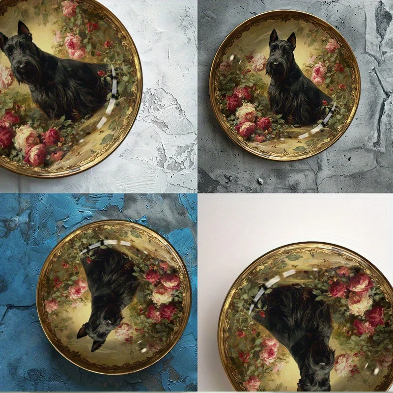 1pc Hand-Painted Scottish Terrier & Rose Garden Ceramic Plate - Round Art Deco Black Dog & Pink Roses Dish, Golden Accent Home