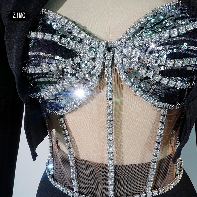 Nuovo stile vestito reggiseno diamante nero 3 pezzi moda party club DS abiti di compleanno per le donne performance sul palco costume drag queen
