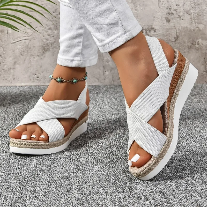 Sandalias de plataforma con punta abierta y punta redonda para mujer, cuñas de paja antideslizantes, suela suave y ligera, a la moda, novedad de verano