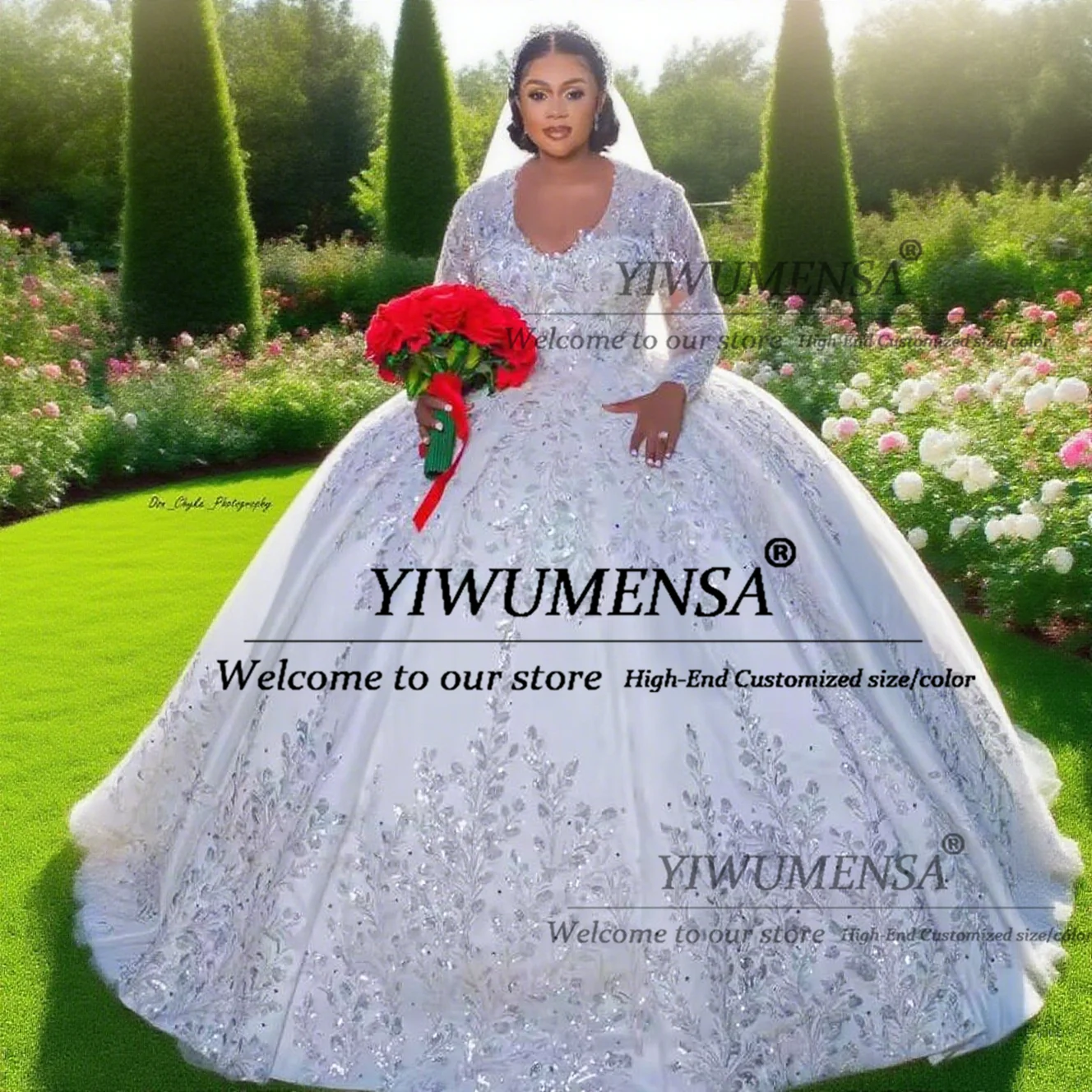 Squisito scollo a V paillettes applicazioni di pizzo abiti da sposa per la sposa maniche lunghe principessa abito da ballo sposa banchetto Vetidos De Novia