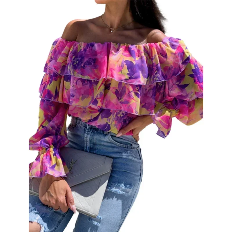 

2024 Fashion Print Multi Layers Patchwork Shirt Women Sexy Off The Shoulder Flared Cuffs Blouse Female Commuter Long Sleeve Tops