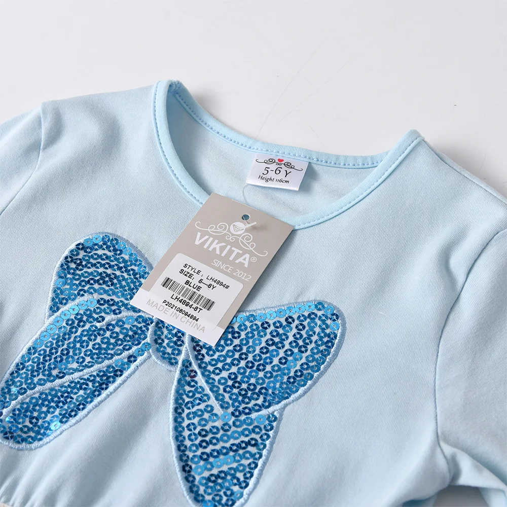 VIKITA Hellblaues Langarmkleid für Mädchen mit funkelnder Paillettenschleife, Kinder-Glitzer-Stern-Tüll-Mesh-Schicht-Prinzessinnen-Tutu-Kleider – Detail 3