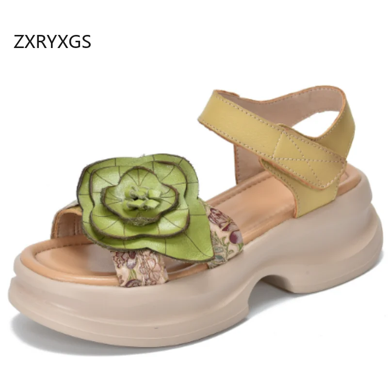 

ZXRYXGS Classic Flower Spell Color Premium Genuine Leather Sandals 2025 Summer Women Fashionable Sandals Platform Increase Shoes
