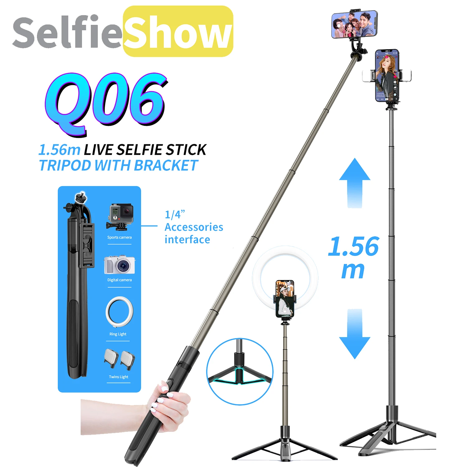 

Selfieshow Q06 Reinforced Aluminum Alloy Live Bluetooth Tripod Selfie Stick Portable Tripe Stand Stabilizer Mobile Phone Tripod