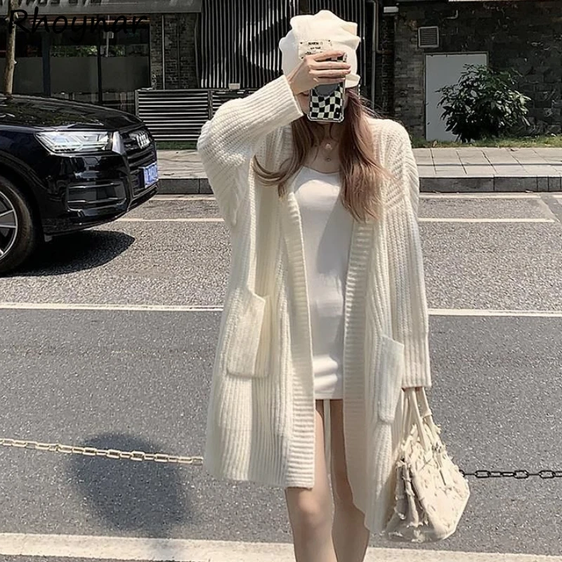 

Baggy Sweater Cardigan Women X-long Minimalist All-match Korean Fashion Knitwear Temper College Pure Color Winter Streetwear Ins