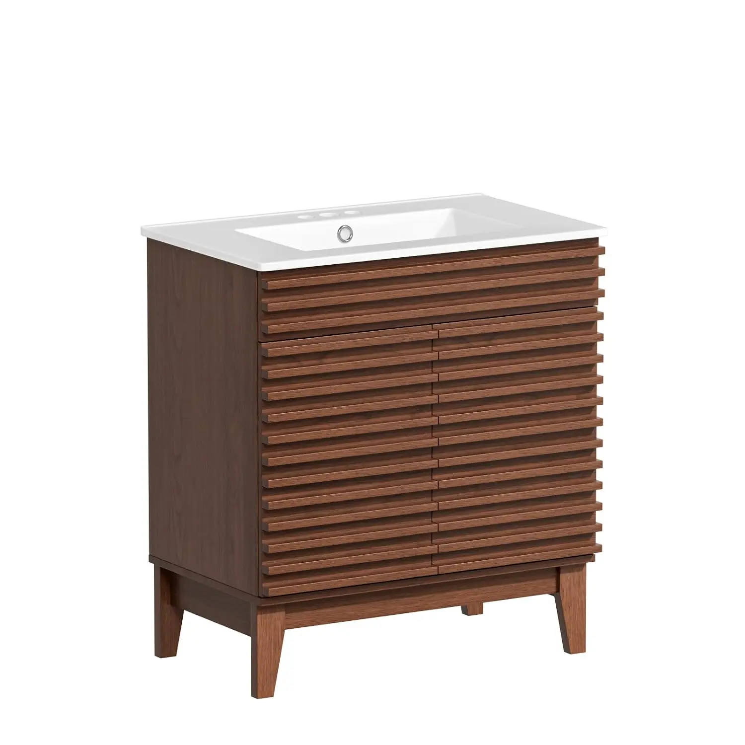 Mid-Century Bathroom Vanity with Sink, Freestanding Storage Cabinet, Undermount Ceramic Basin, Wood Grain Frame, Walnut, Customi
