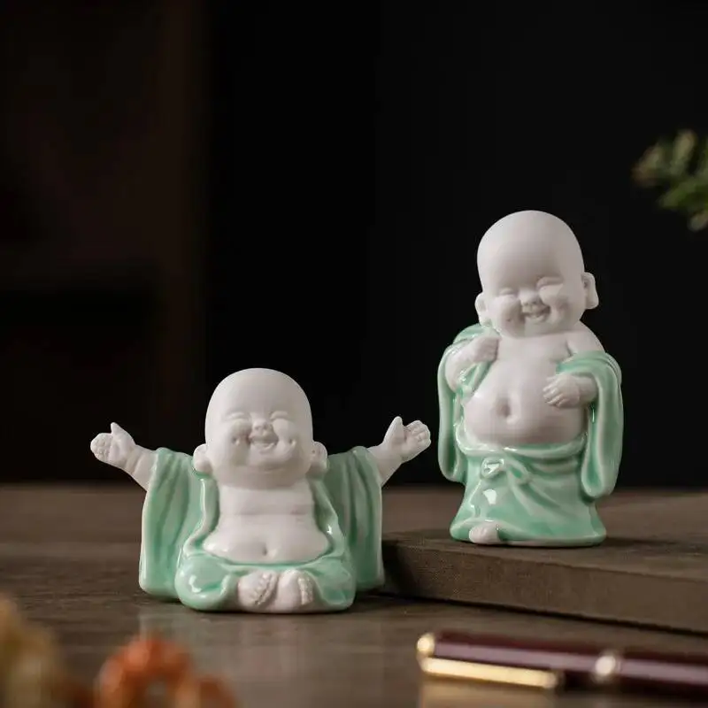 Ceramic Lucky Maitreya Buddha Small Ornament Office Desktop Display Laughing Buddha Statue Tea Table Decoration Чаепитие
