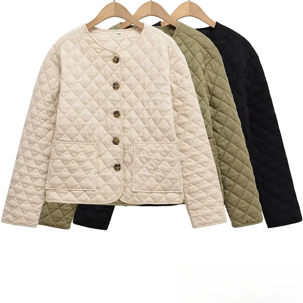 

KONDALA женская повседневная стеганая куртка, пальто с круглым вырезом, карманами и пуговицами, куртка с ромбом, осень 2021, модная простая элегантная женская куртка, пальто